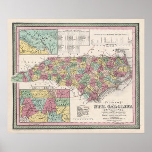 1853 North Carolina, Map, Vintage Poster