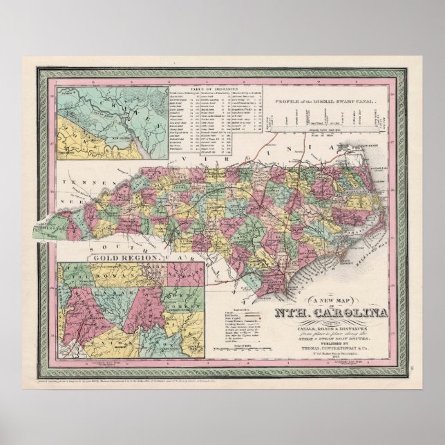 1853 North Carolina, Map, Vintage Poster (Front)