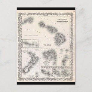 1855 Colton Map of Hawaii and New Zealand Postcard