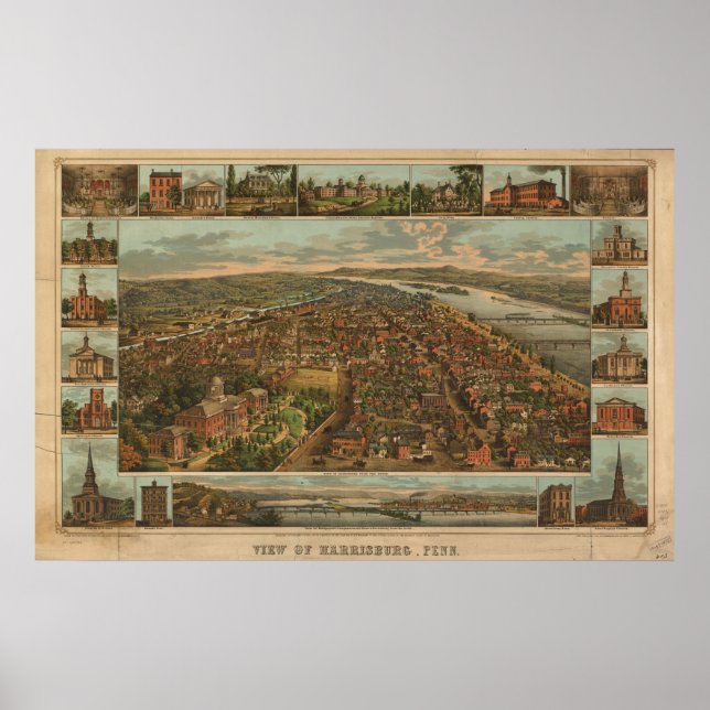 1855 Harrisburg, PA Birds Eye View Panoramic Map Poster (Front)