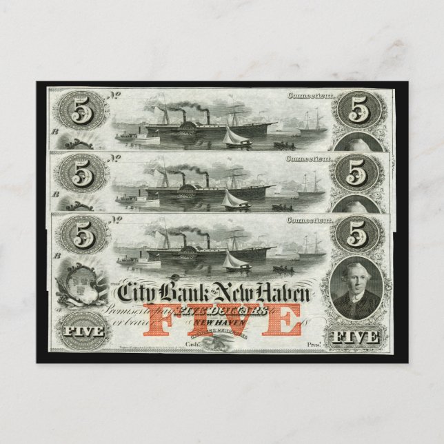 1855 New Haven Five Dollar Note Postcard (Front)