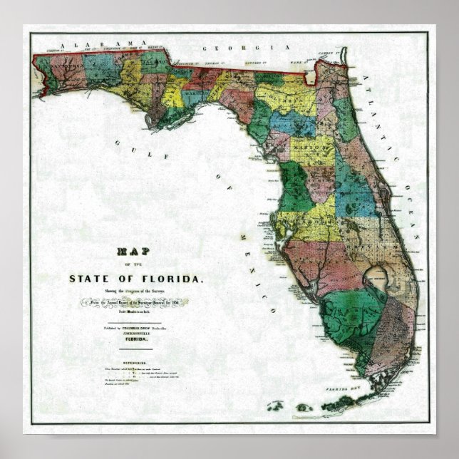 1856 Map of the State of Florida by Columbus Drew Poster (Front)