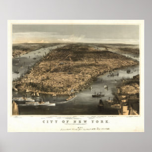 1856 New York City NY Birds Eye View Panoramic Map Poster