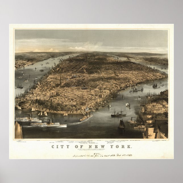 1856 New York City NY Birds Eye View Panoramic Map Poster (Front)