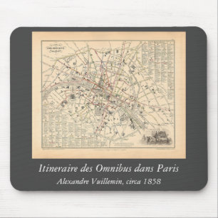 1858 Map: Itineraire des Omnibus dans Paris France Mouse Mat