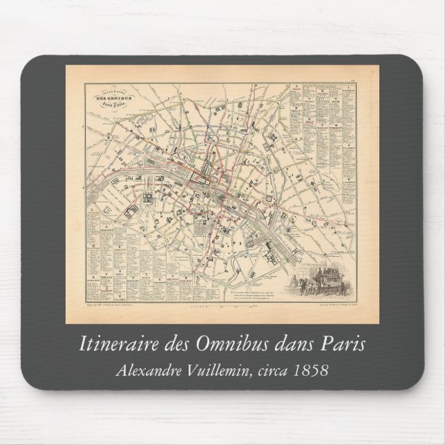 1858 Map: Itineraire des Omnibus dans Paris France Mouse Mat (Front)