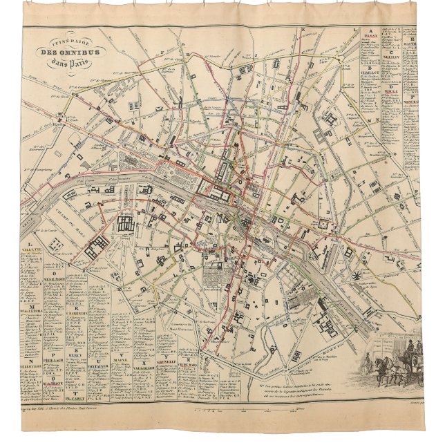 1858 Map: Itineraire des Omnibus dans Paris France Shower Curtain (Front)