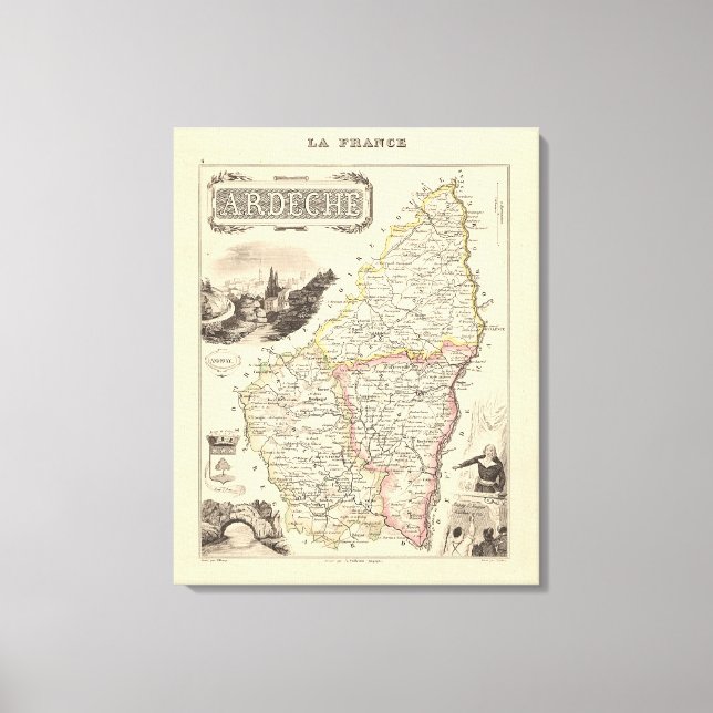 1858 Map of Ardeche Department, France Poster Canvas Print (Front)