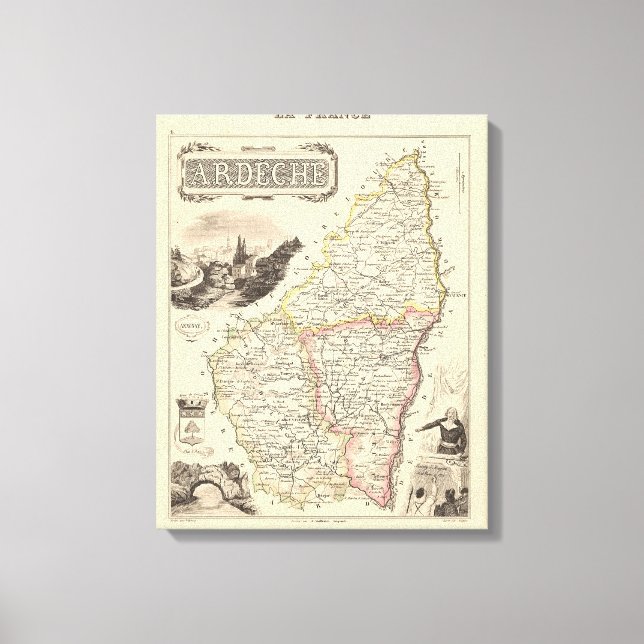 1858 Map of Ardeche Department, France Poster Canvas Print (Front)