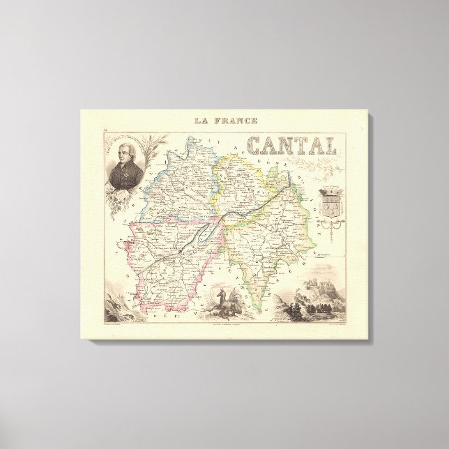 1858 Map of Cantal Department, France Poster Canvas Print (Front)