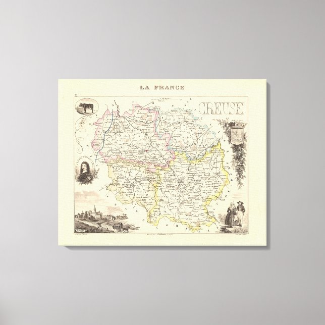 1858 Map of Creuse Department, France Poster Canvas Print (Front)