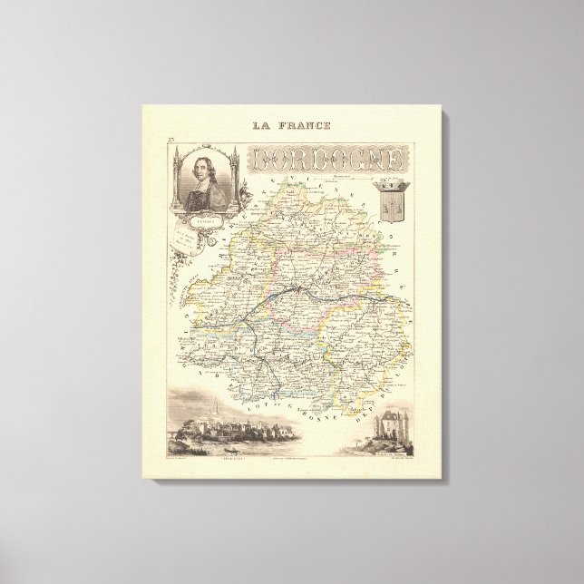 1858 Map of Dordogne Department, France Poster Canvas Print (Front)