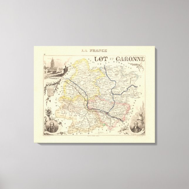 1858 Map of Lot et Garonne Department, France Post Canvas Print (Front)