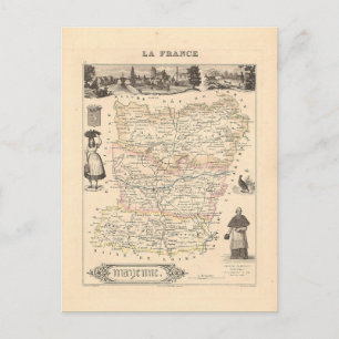 1858 Map of Mayenne Department, France Postcard