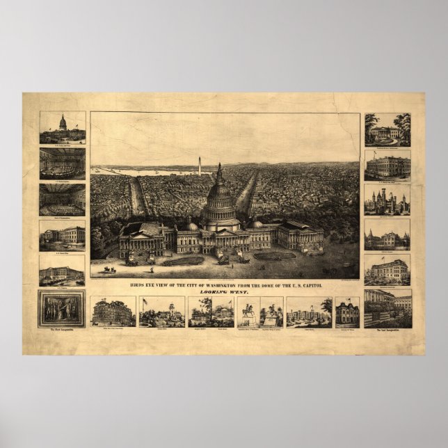 1860-90 Washington DC Birds Eye View Panoramic Map Poster (Front)