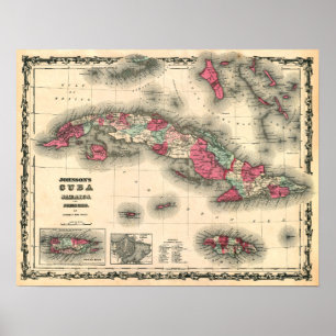 1862 Map of CUBA, JAMAICA, and PORTO RICO Poster