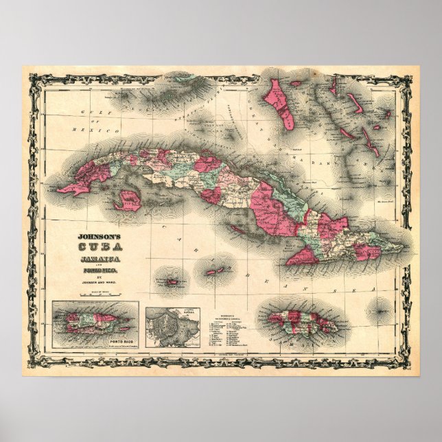 1862 Map of CUBA, JAMAICA, and PORTO RICO Poster (Front)