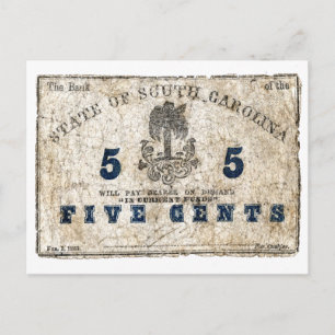 1863 South Carolina 5 Cent Note Postcard