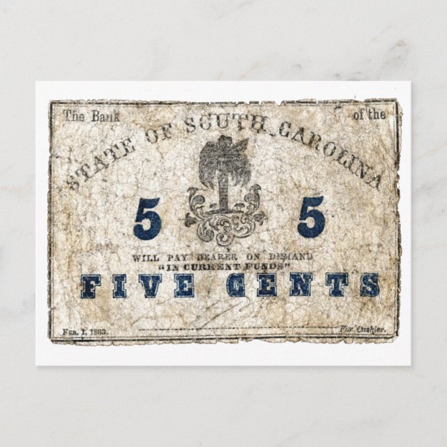 1863 South Carolina 5 Cent Note Postcard (Front)