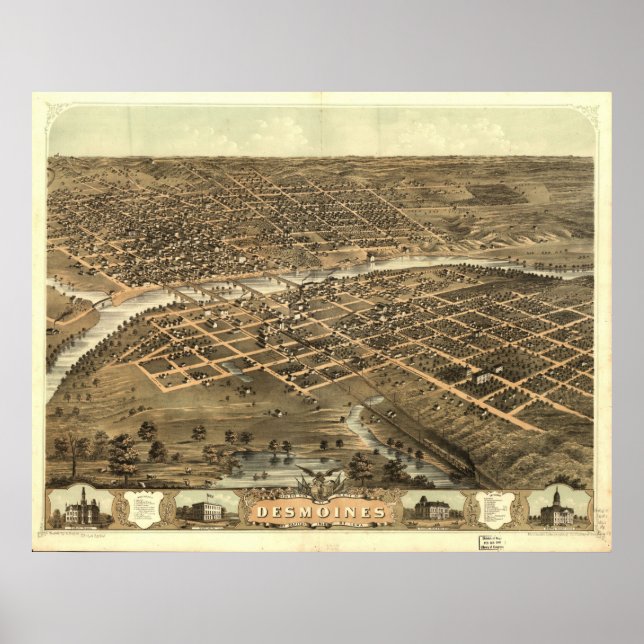 1868 Des Moines, IA Birds Eye View Panoramic Map Poster (Front)