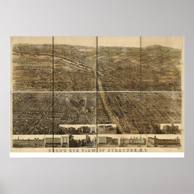 1868 Syracuse, NY Birds Eye View Panoramic Map Poster (Front)