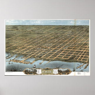 1870 Erie, PA Birds Eye View Panoramic Map Poster