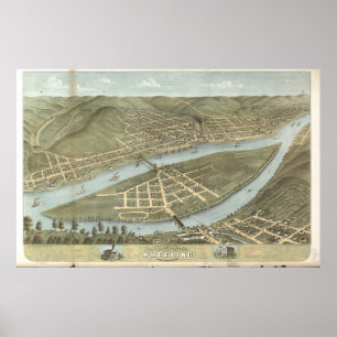 1870 Wheeling, WV Bird's Eye View Panoramic Map Poster