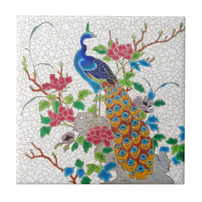 1870s  Aesthetic French Longwy Peacock Repro Tile (Front)