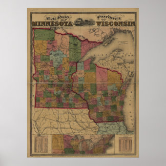 1871 railroad/post office map of MN and WI Poster