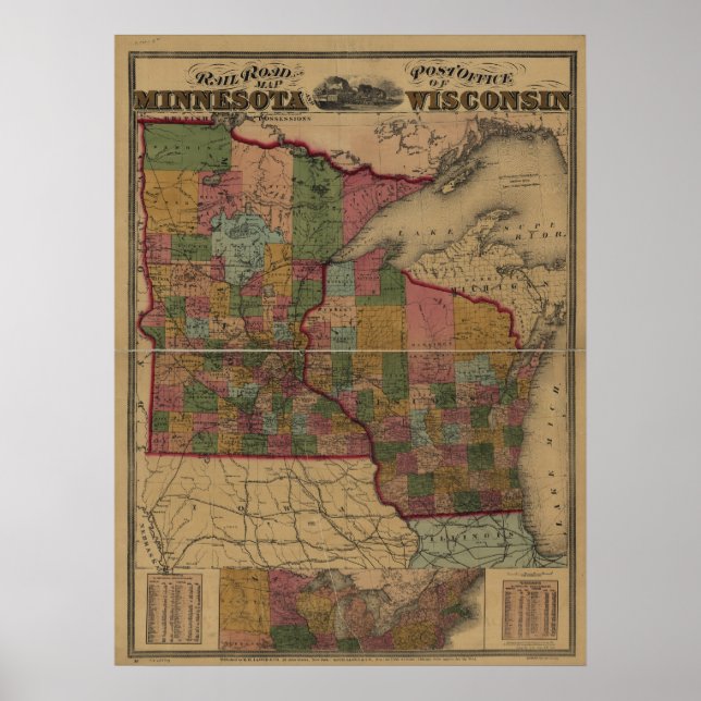 1871 railroad/post office map of MN and WI Poster (Front)