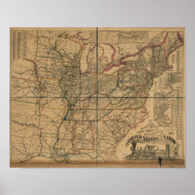 1871 Railroads and Distance Map of U.S. & Canada Poster (Front)