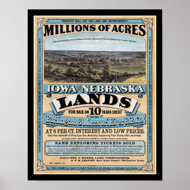 1872 Iowa Nebraska Land Sale Poster (Front)