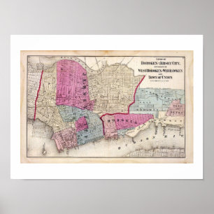 1872 REPRO Vintage Map Hoboken NJ Poster