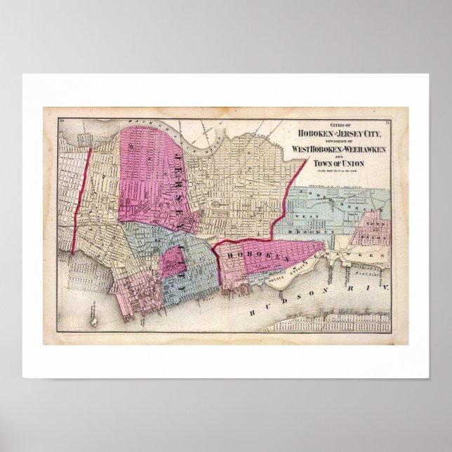 1872 REPRO Vintage Map Hoboken NJ Poster (Front)