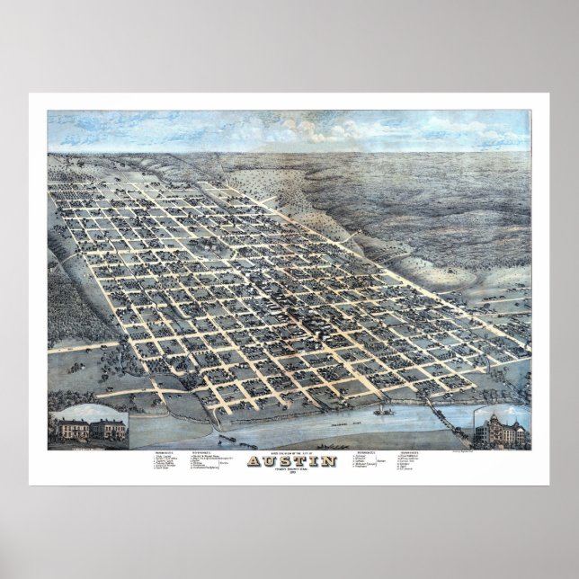 1873 Austin, TX Bird's Eye View Panoramic Map Poster (Front)