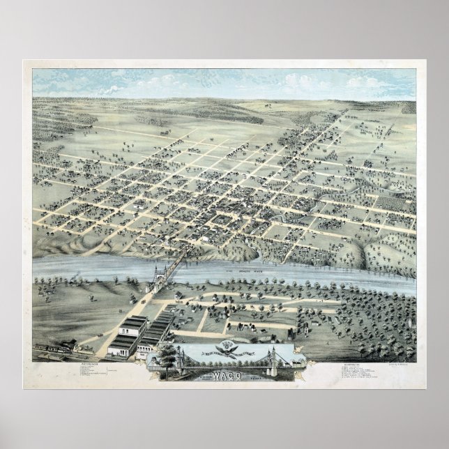 1873 Waco, TX Birds Eye View Panoramic Map Poster (Front)