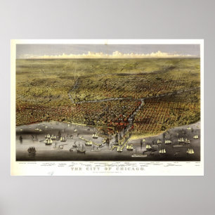 1874 Chicago, IL Birds Eye View Panoramic Map Poster