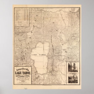 1874 Map of Lake Tahoe Area California & Nevada Poster