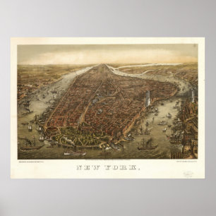 1874 New York City NY Birds Eye View Panoramic Map Poster
