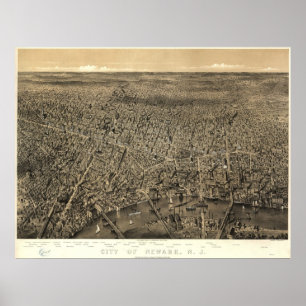 1874 Newark, NJ Birds Eye View Panoramic Map Poster