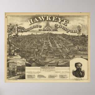 1875 Des Moines, IA Birds Eye View Panoramic Map Poster