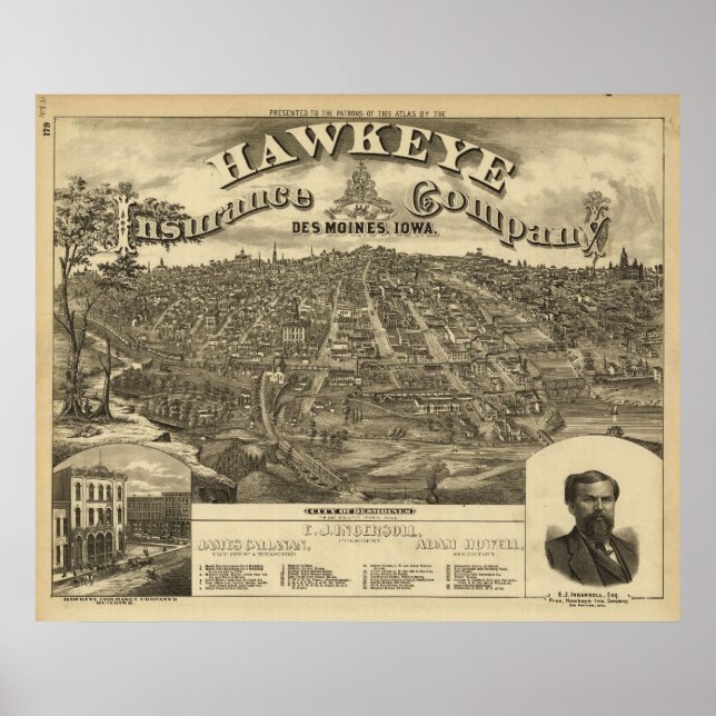 1875 Des Moines, IA Birds Eye View Panoramic Map Poster (Front)