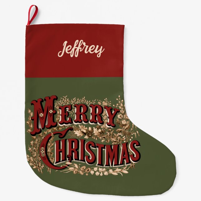 1876 Merry Christmas Gold Large Christmas Stocking (Front)