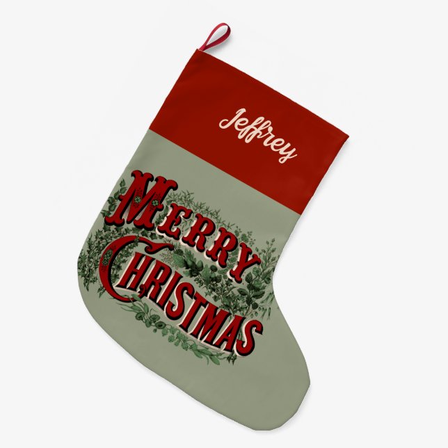 1876 Merry Christmas Green Large Christmas Stocking (Front (Hanging))