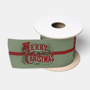 1876 Merry Christmas Green Satin Ribbon