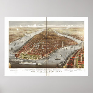 1876 New York City NY Birds Eye View Panoramic Map Poster