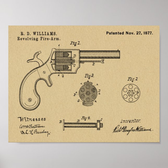 1877 Gun Revolver Patent Art Drawing Print (Front)