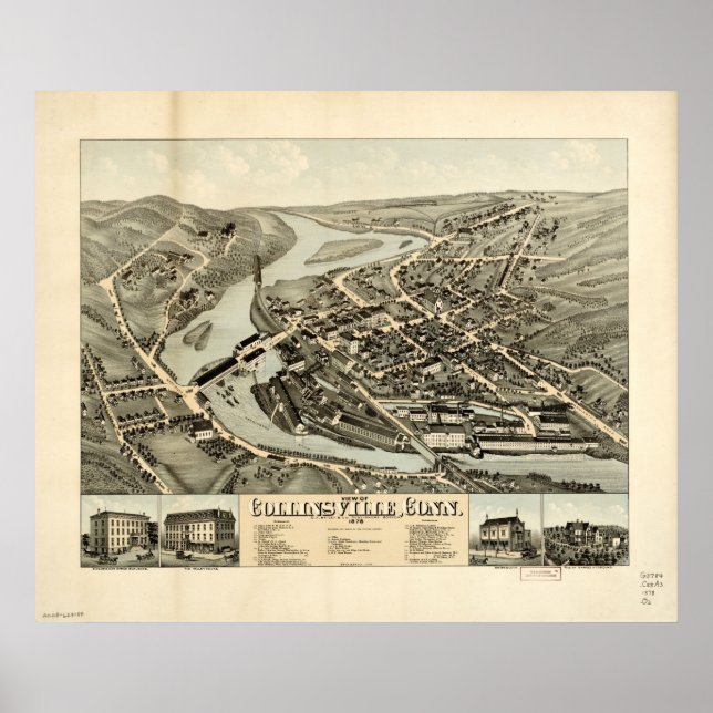 1878 Collinsville, CT Birds Eye View Panoramic Map Poster (Front)