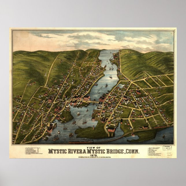 1879 Mystic River & Bridge CT Panoramic Map Poster (Front)