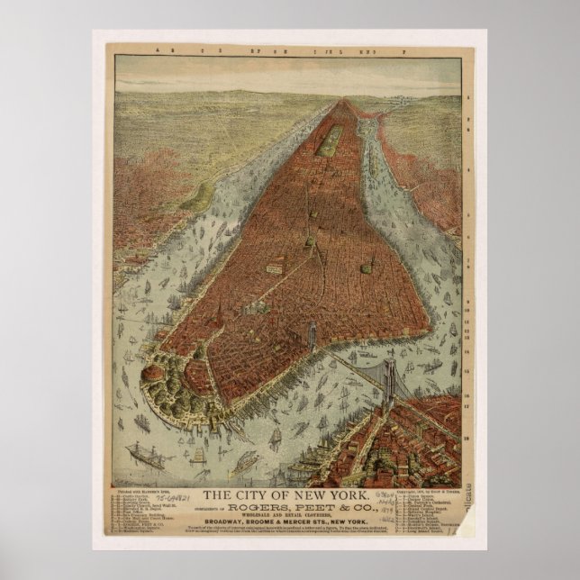 1879 New York City NY Birds Eye View Panoramic Map Poster (Front)